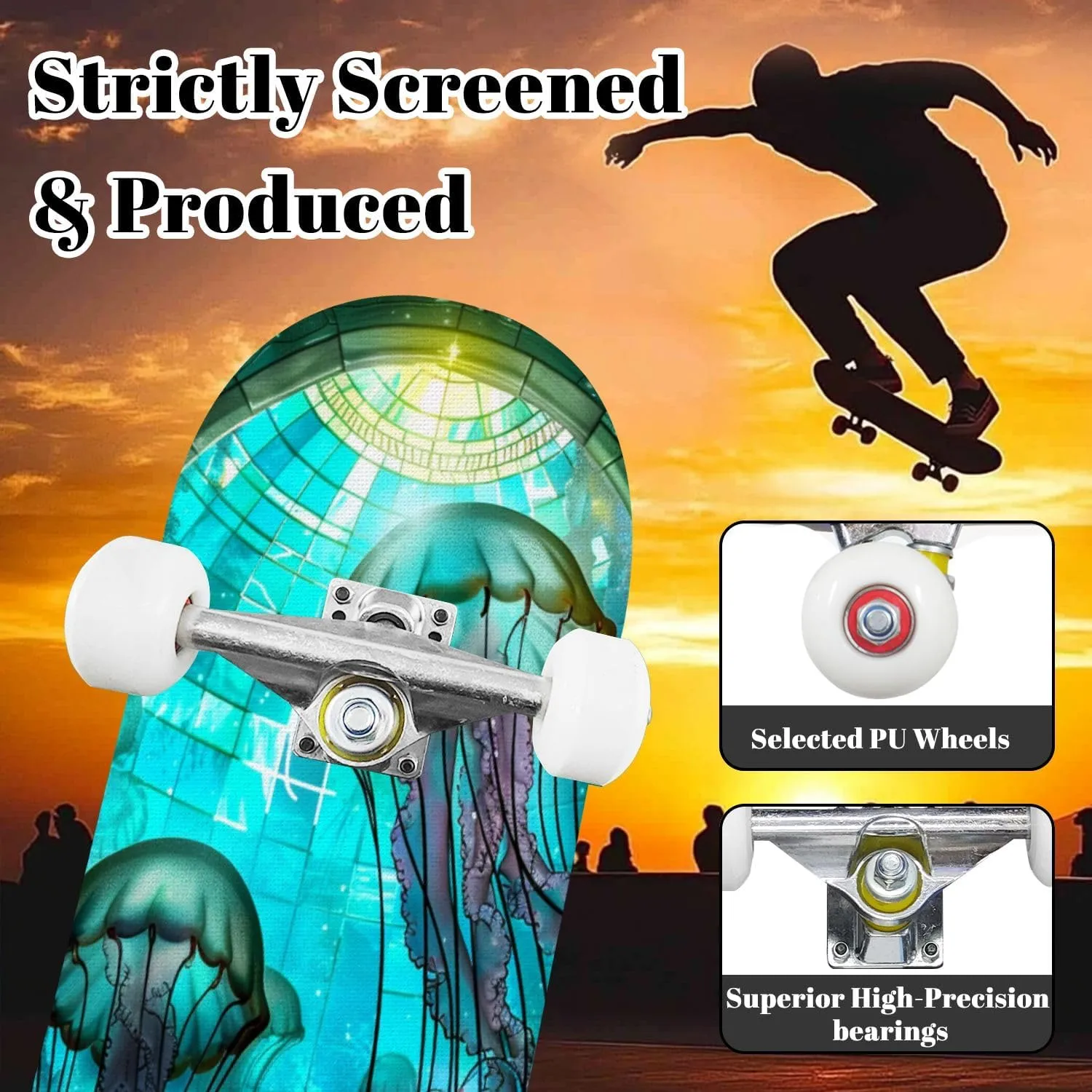 Complete Skateboard with Jellyfish Dance Undersea Stained Glass Ornament Beginner Skateboard 7-Layer Maple Wood Double Kick Concave Skateboards for Kids, Adults, Teens 31" x 8"