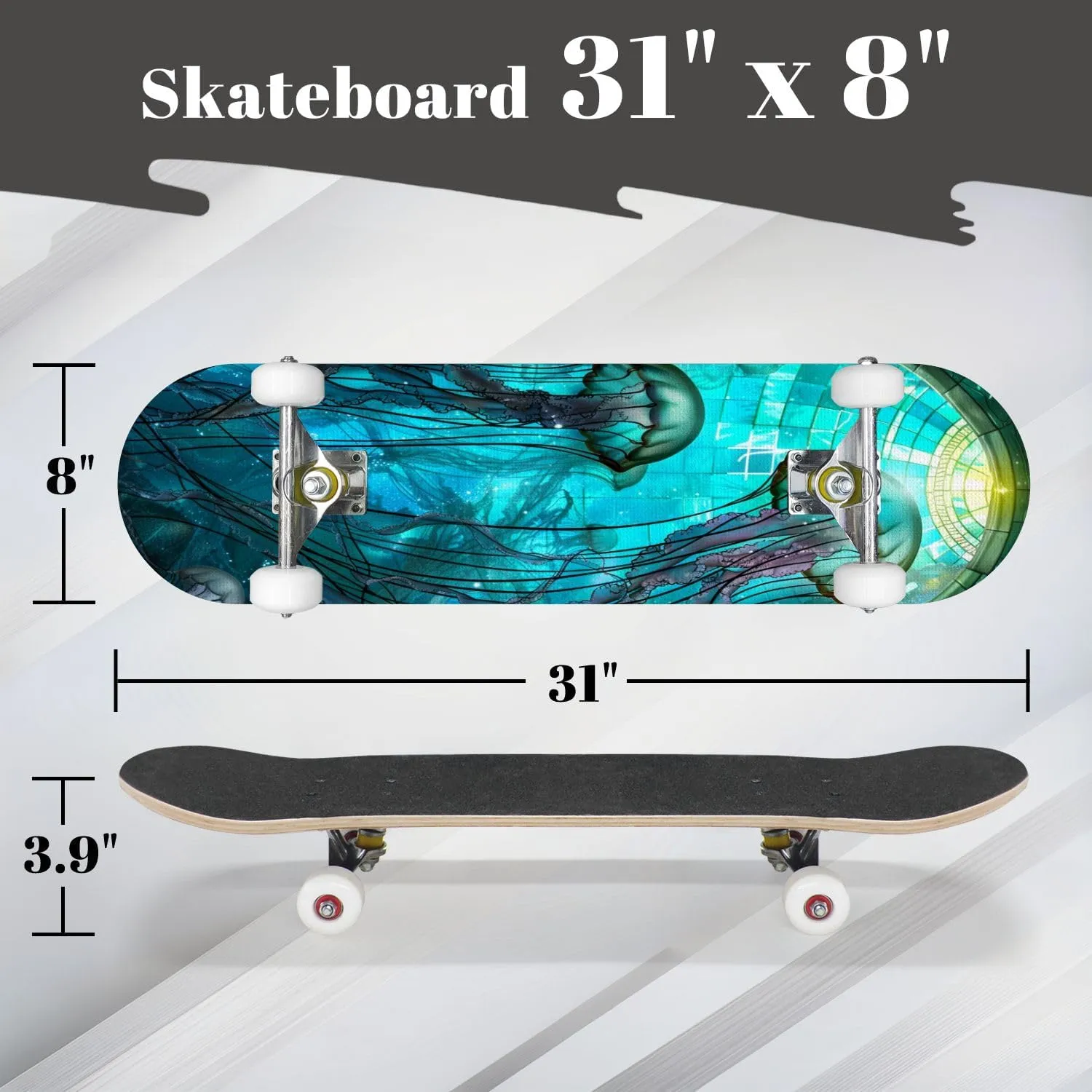 Complete Skateboard with Jellyfish Dance Undersea Stained Glass Ornament Beginner Skateboard 7-Layer Maple Wood Double Kick Concave Skateboards for Kids, Adults, Teens 31" x 8"