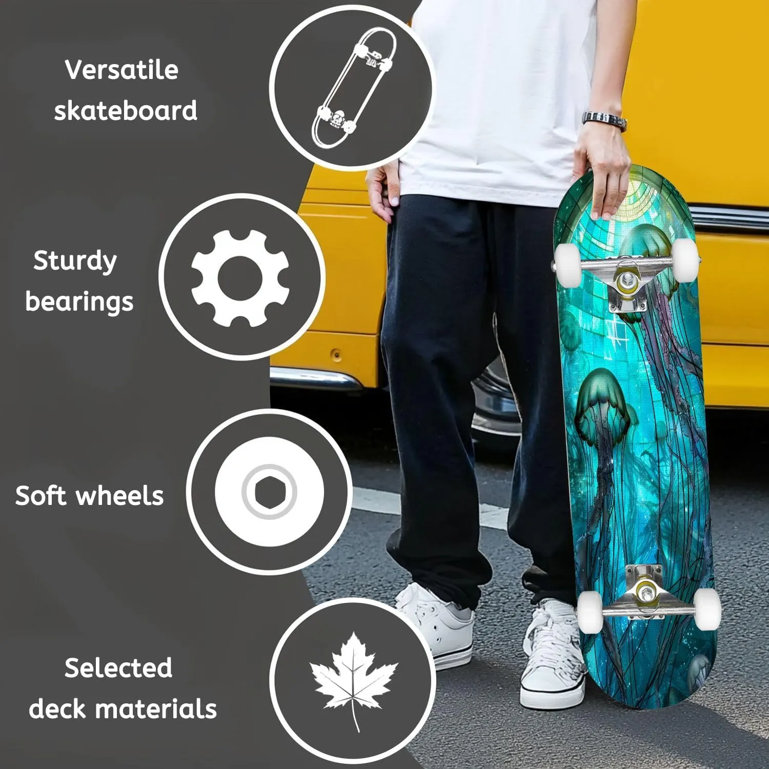 Complete Skateboard with Jellyfish Dance Undersea Stained Glass Ornament Beginner Skateboard 7-Layer Maple Wood Double Kick Concave Skateboards for Kids, Adults, Teens 31" x 8"