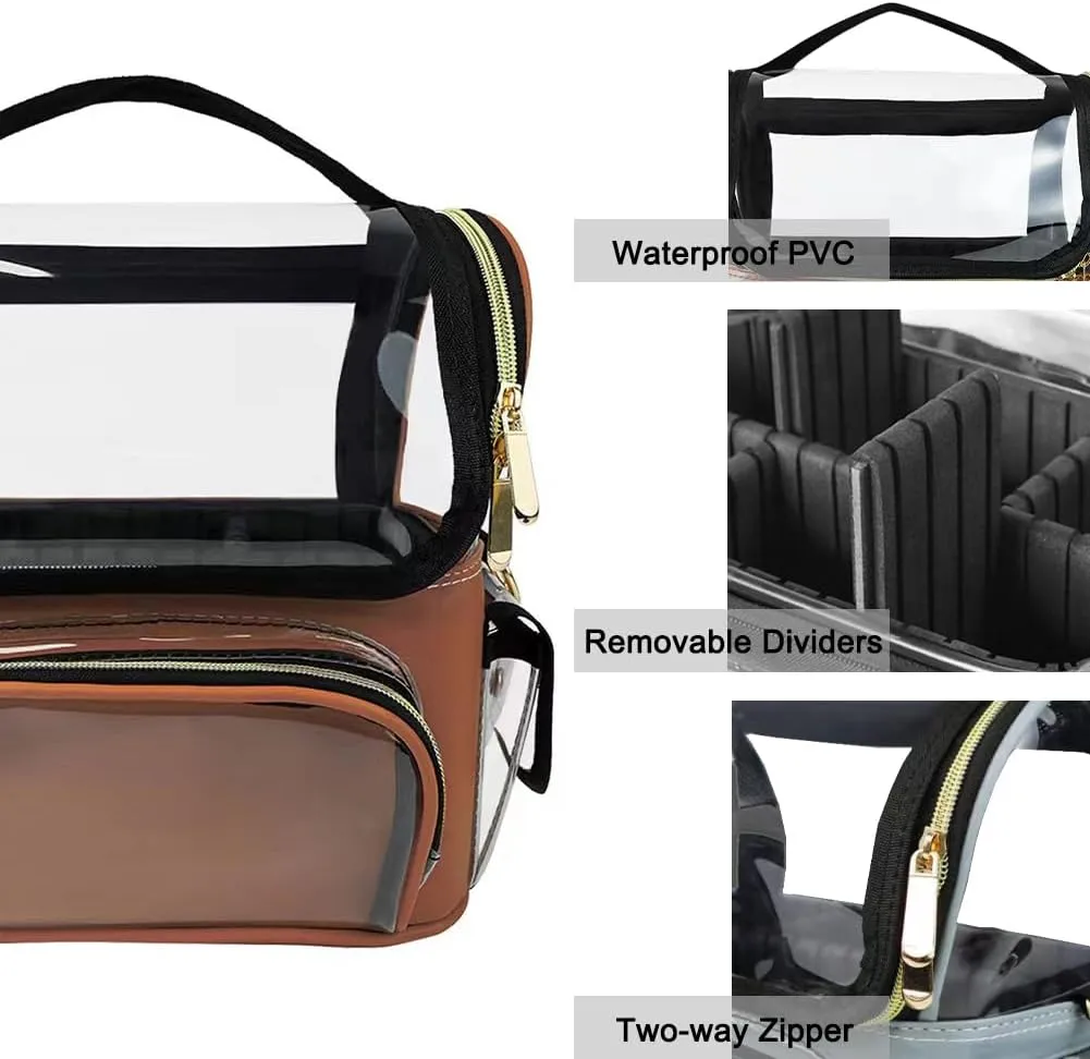 Cosmetic Case for Travel, Clear Makeup Organizer Bag for Travel, Transparent Makeup Bag with Removable Dividers/Shoulder Strap/Handle, Stand Up Makeup Brush Bag, Coffee