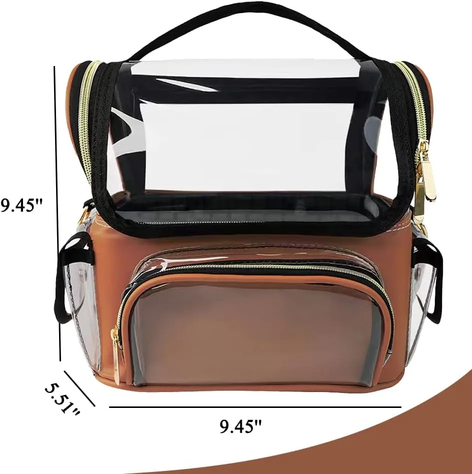 Cosmetic Case for Travel, Clear Makeup Organizer Bag for Travel, Transparent Makeup Bag with Removable Dividers/Shoulder Strap/Handle, Stand Up Makeup Brush Bag, Coffee