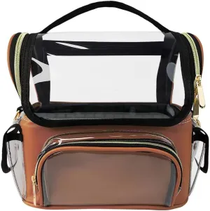 Cosmetic Case for Travel, Clear Makeup Organizer Bag for Travel, Transparent Makeup Bag with Removable Dividers/Shoulder Strap/Handle, Stand Up Makeup Brush Bag, Coffee