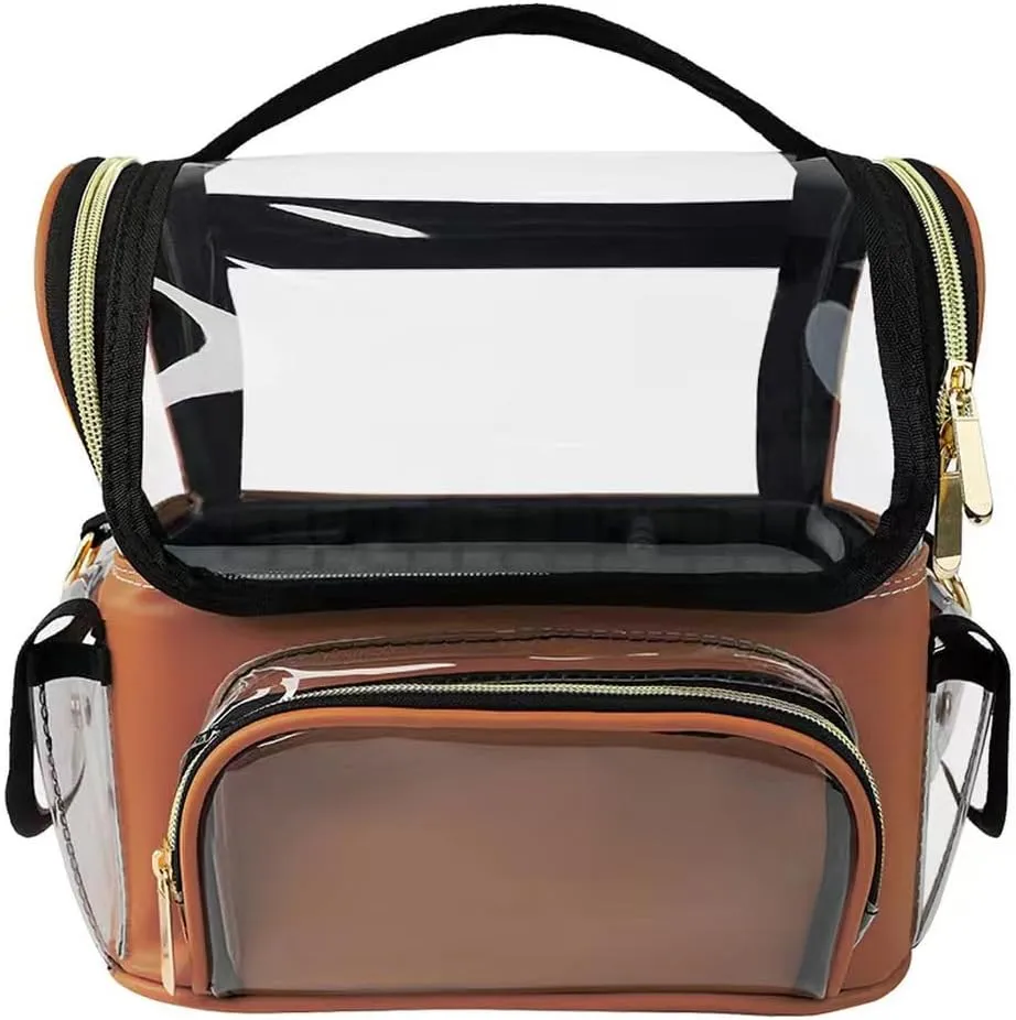 Cosmetic Case for Travel, Clear Makeup Organizer Bag for Travel, Transparent Makeup Bag with Removable Dividers/Shoulder Strap/Handle, Stand Up Makeup Brush Bag, Coffee