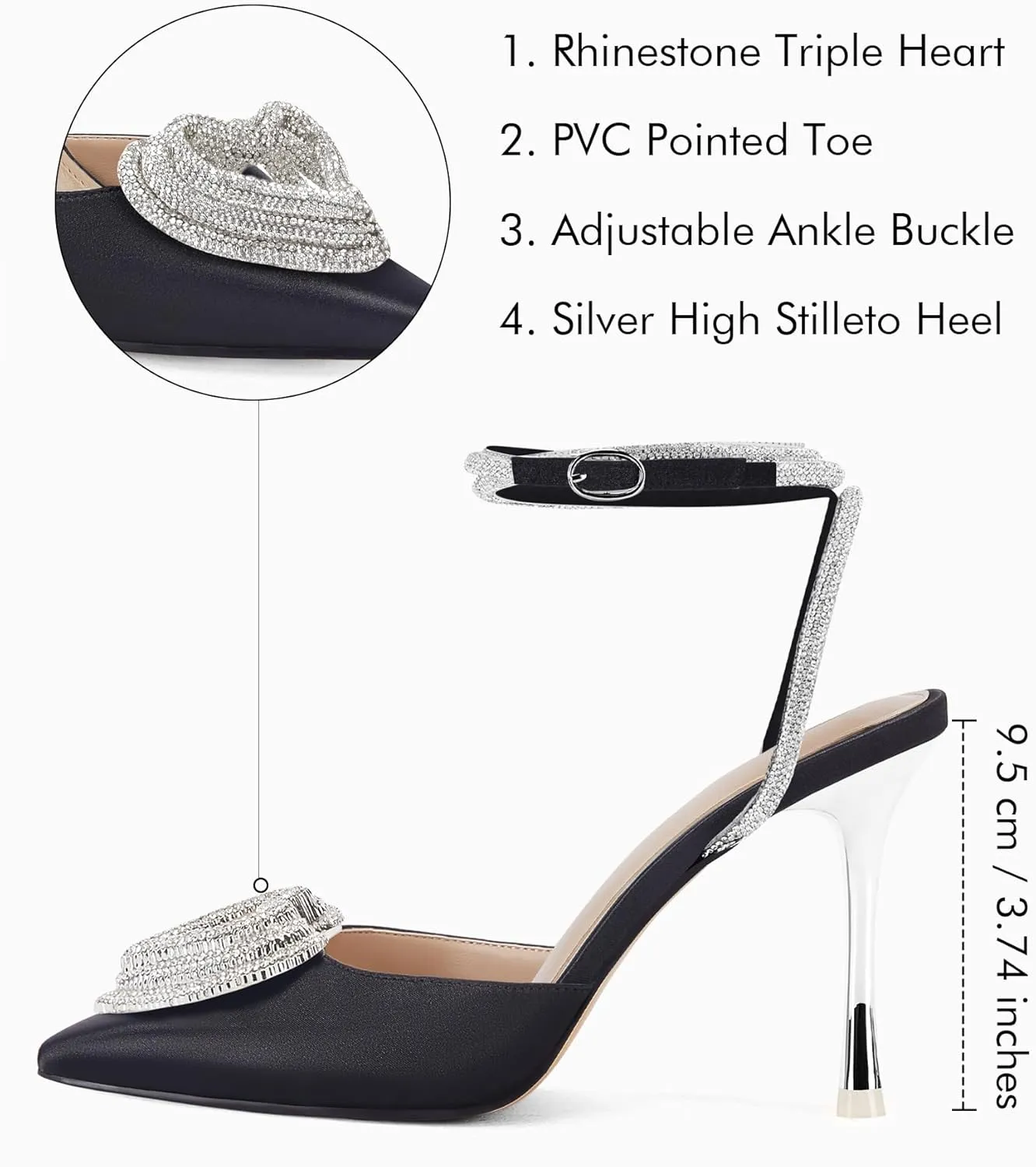 Coutgo Womens Rhinestone High Heels Clear Pointed Closed Toe Strappy Ankle Strap Slingback Bridal Pumps