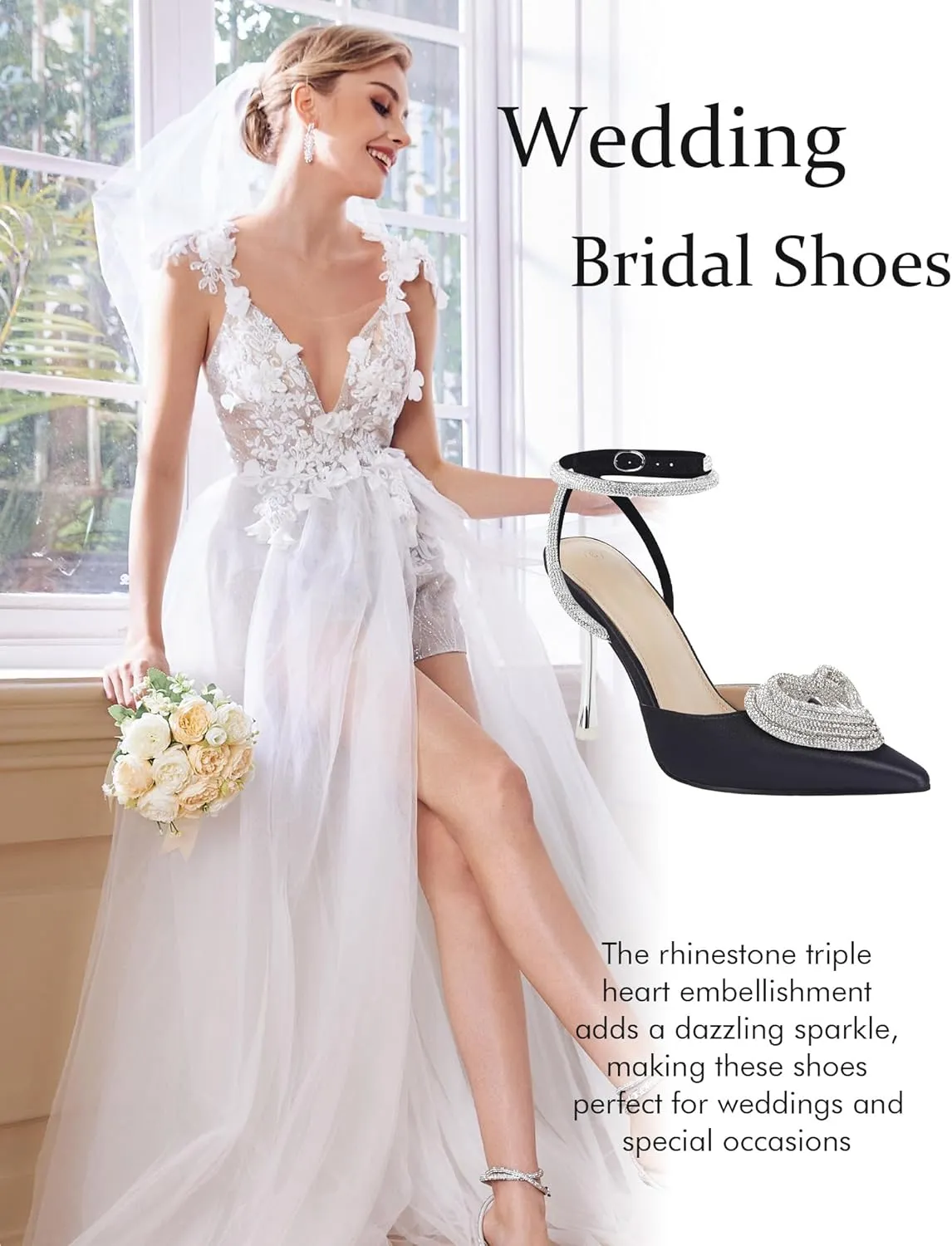 Coutgo Womens Rhinestone High Heels Clear Pointed Closed Toe Strappy Ankle Strap Slingback Bridal Pumps