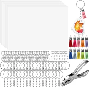 cridoz 162 Shrinky Sheets Keychain kit, Including 20 Sheets Shrinky Plastic Paper, Tassels, Keychain Clip, Split Key Rings, Key Rings with Chain, Jump Rings, Hole Punch for Creative