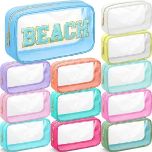 Cunno 12 Pcs Preppy Clear Makeup Bag Graduation Teacher Appreciation Gifts DIY Chenille Letter Pouch Transparent Beach Zipper Pouches PVC Travel Toiletry Cosmetic Organizer Teacher Gifts for Women