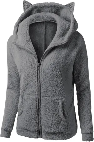 Cute Sherpa Fleece Jacket For Women Casual Loose Soft Hooded Pullover Tops Warm Fall Winter Shearling Coat 2024