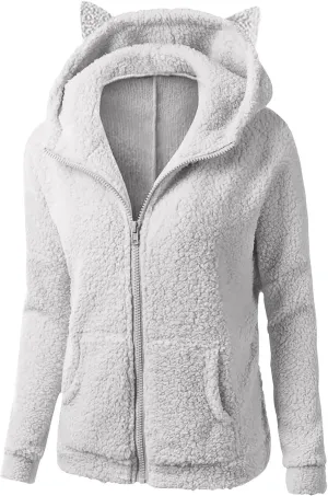 Cute Sherpa Fleece Jacket For Women Casual Loose Soft Hooded Pullover Tops Warm Fall Winter Shearling Coat 2024