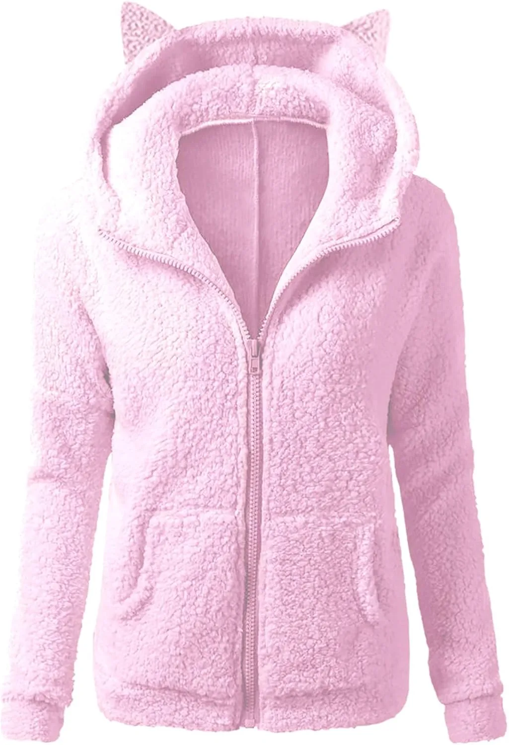 Cute Sherpa Fleece Jacket For Women Casual Loose Soft Hooded Pullover Tops Warm Fall Winter Shearling Coat 2024