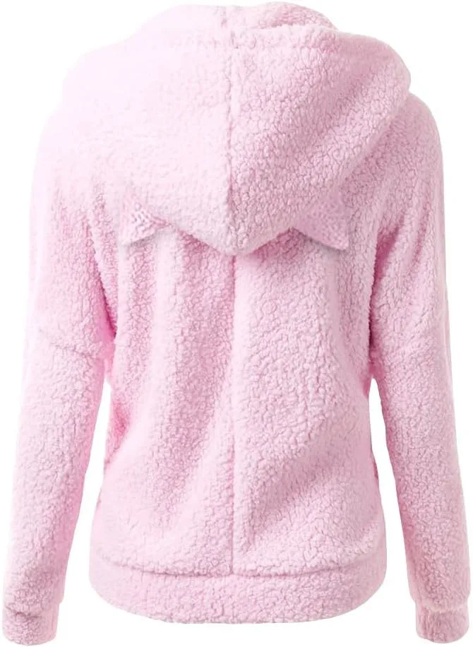Cute Sherpa Fleece Jacket For Women Casual Loose Soft Hooded Pullover Tops Warm Fall Winter Shearling Coat 2024