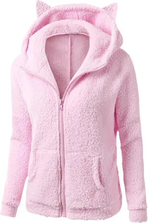 Cute Sherpa Fleece Jacket For Women Casual Loose Soft Hooded Pullover Tops Warm Fall Winter Shearling Coat 2024