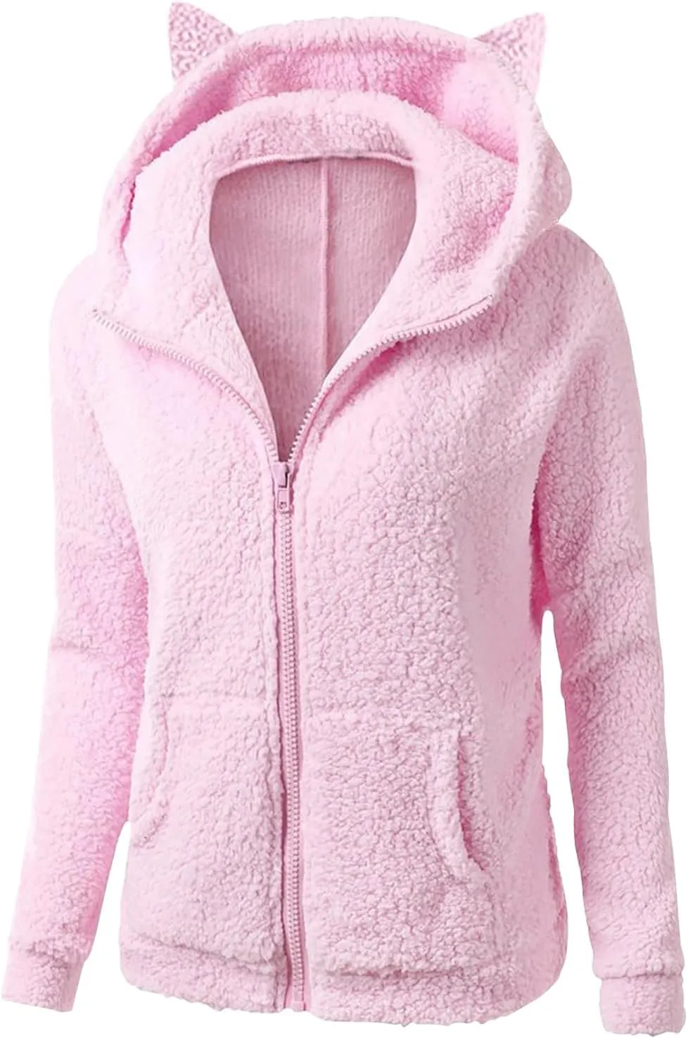 Cute Sherpa Fleece Jacket For Women Casual Loose Soft Hooded Pullover Tops Warm Fall Winter Shearling Coat 2024