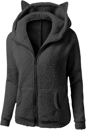 Cute Sherpa Fleece Jacket For Women Casual Loose Soft Hooded Pullover Tops Warm Fall Winter Shearling Coat 2024