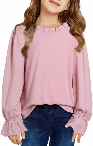 Cute Shirts for Girls Ruffle Long Sleeve Crewneck Ribbed Knit Blouses Tops 6-15 Years