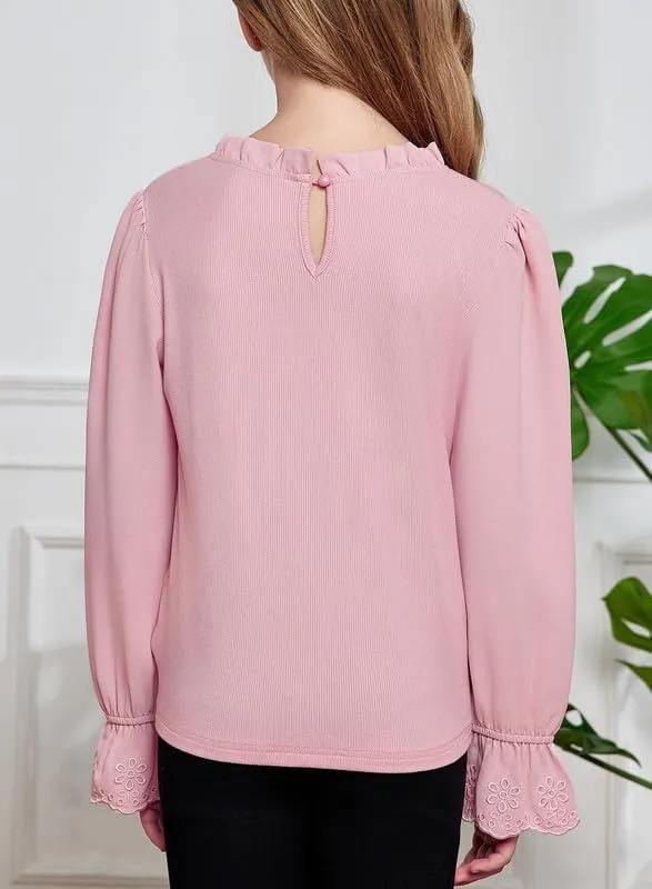 Cute Shirts for Girls Ruffle Long Sleeve Crewneck Ribbed Knit Blouses Tops 6-15 Years