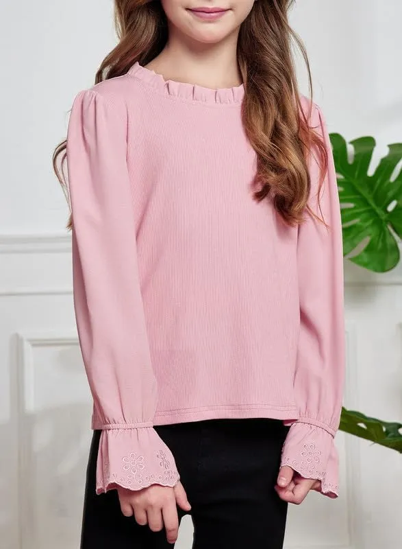 Cute Shirts for Girls Ruffle Long Sleeve Crewneck Ribbed Knit Blouses Tops 6-15 Years