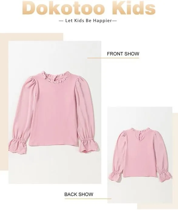 Cute Shirts for Girls Ruffle Long Sleeve Crewneck Ribbed Knit Blouses Tops 6-15 Years