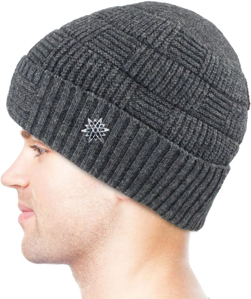 Dahlia Men's Skullies & Beanies - Wool, Knit Winter Hat, Fleece Lined,