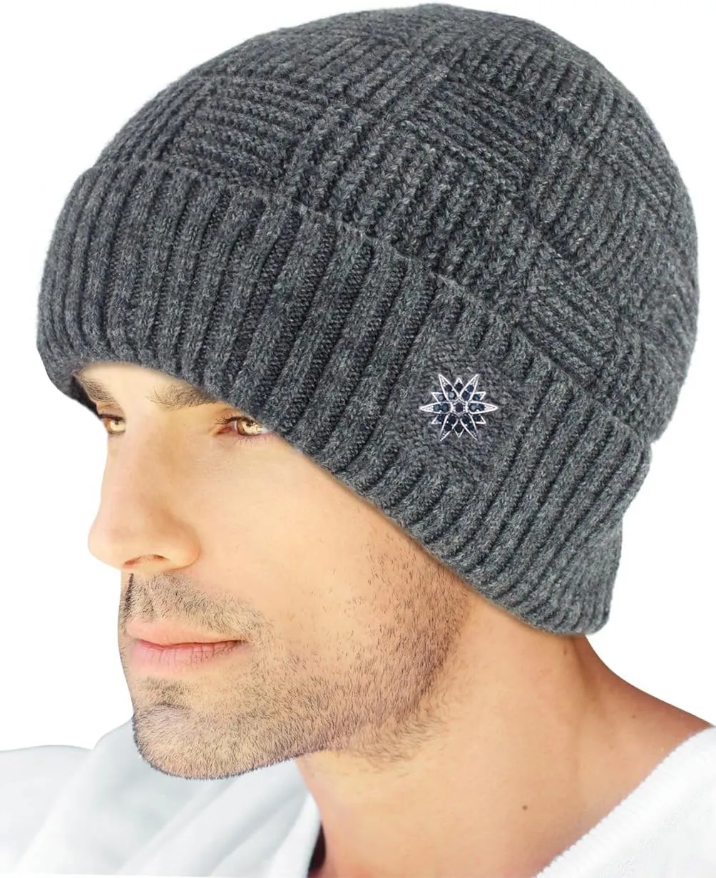 Dahlia Men's Skullies & Beanies - Wool, Knit Winter Hat, Fleece Lined,