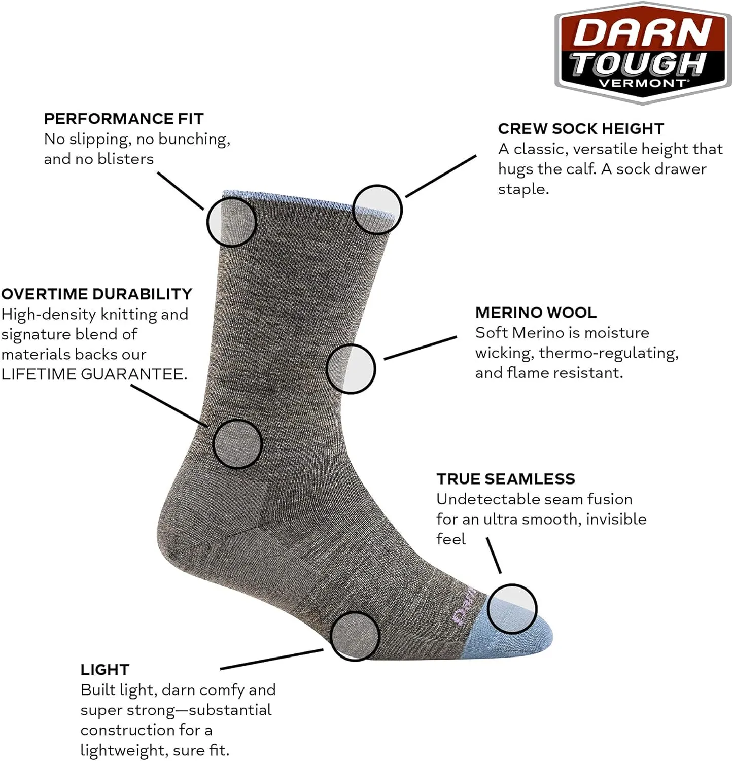 Darn Tough Women's Solid Basic Crew Lightweight Sock (Style 6012) -