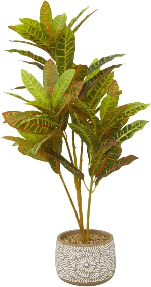 Deco 79 Faux Foliage Crotons Artificial Plant with Realistic Leaves and Floral Patterned Pot, 16" x 18" x 30", Green