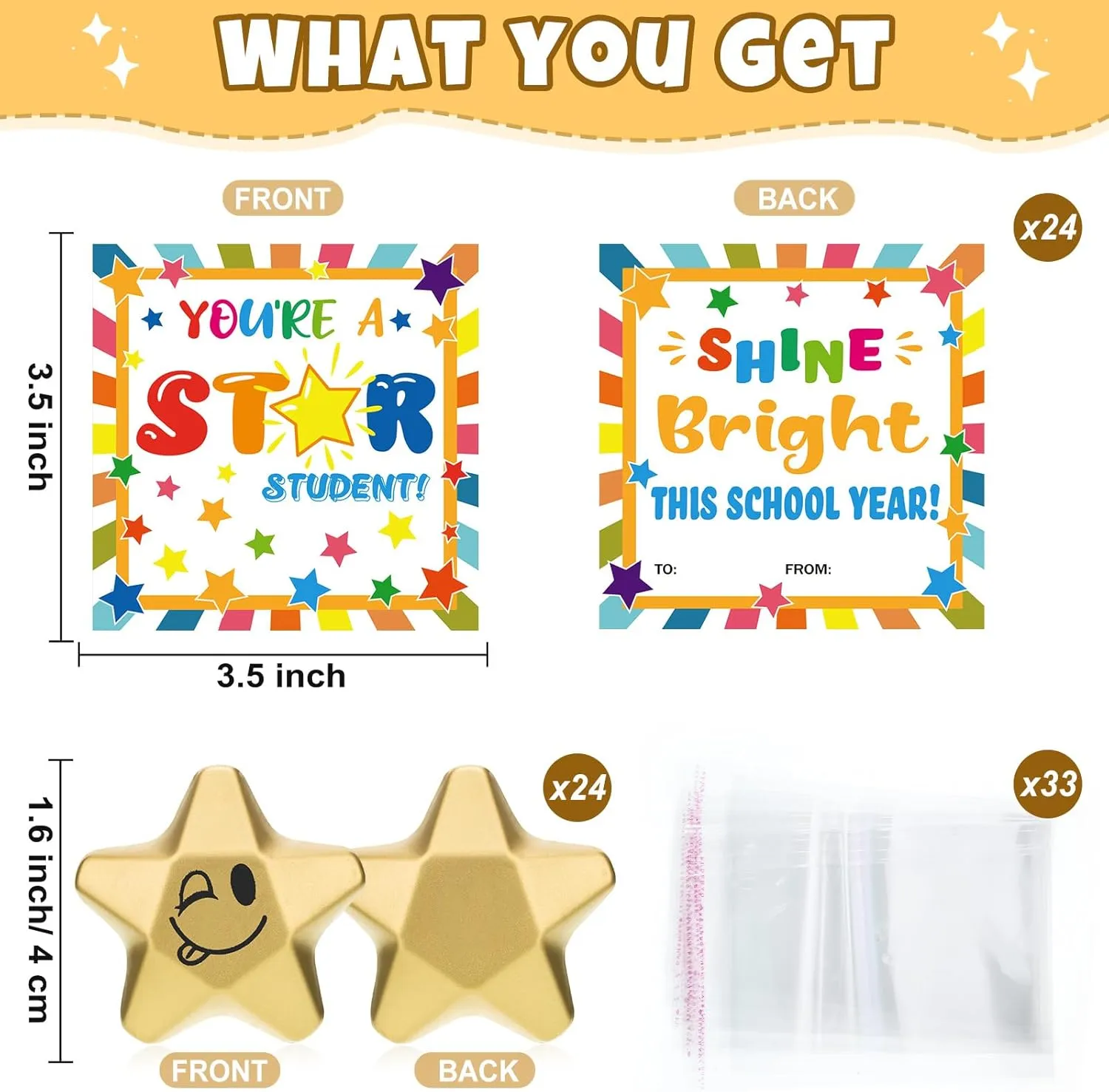 Deekin 24 Pack Back to School Gifts for Students Smile Squeeze Star Stress Balls with Blessing Cards for School Classroom Prizes Gifts Exchange Classroom Party Favors Boys Girls(Bright)