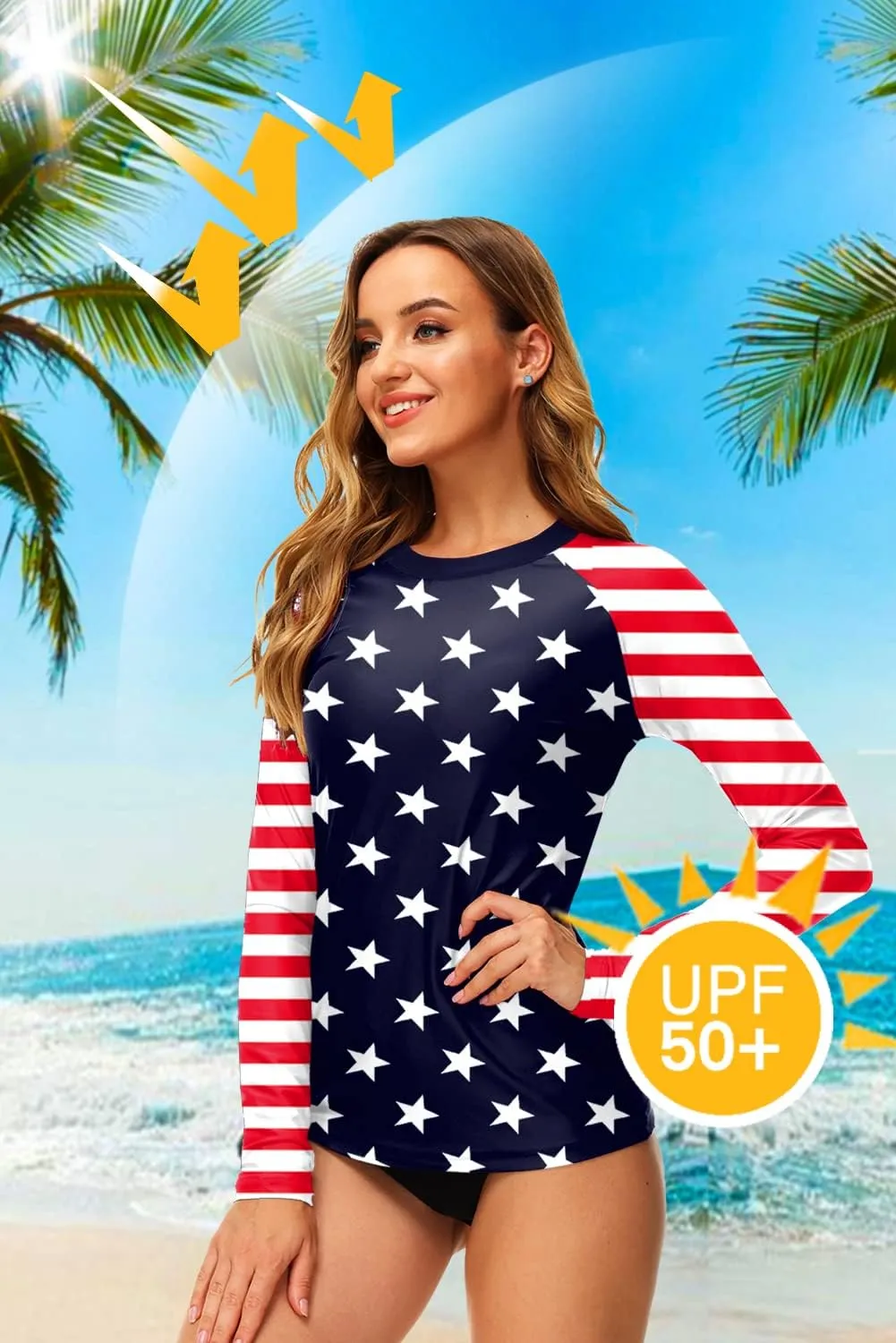 Deerose Women UPF 50  Rash Guard Printed Swim Shirts Surf Swimwear Top