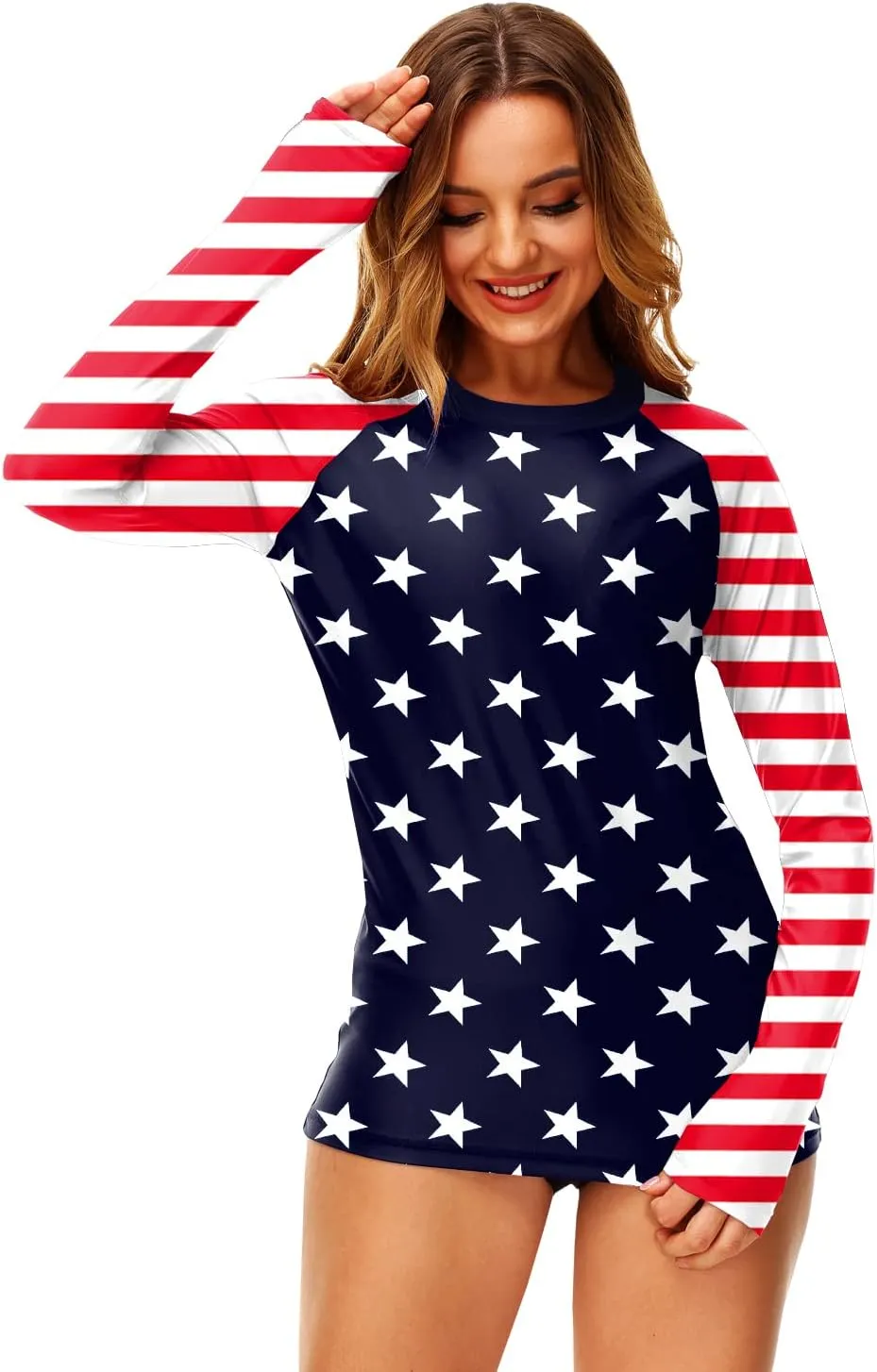 Deerose Women UPF 50  Rash Guard Printed Swim Shirts Surf Swimwear Top