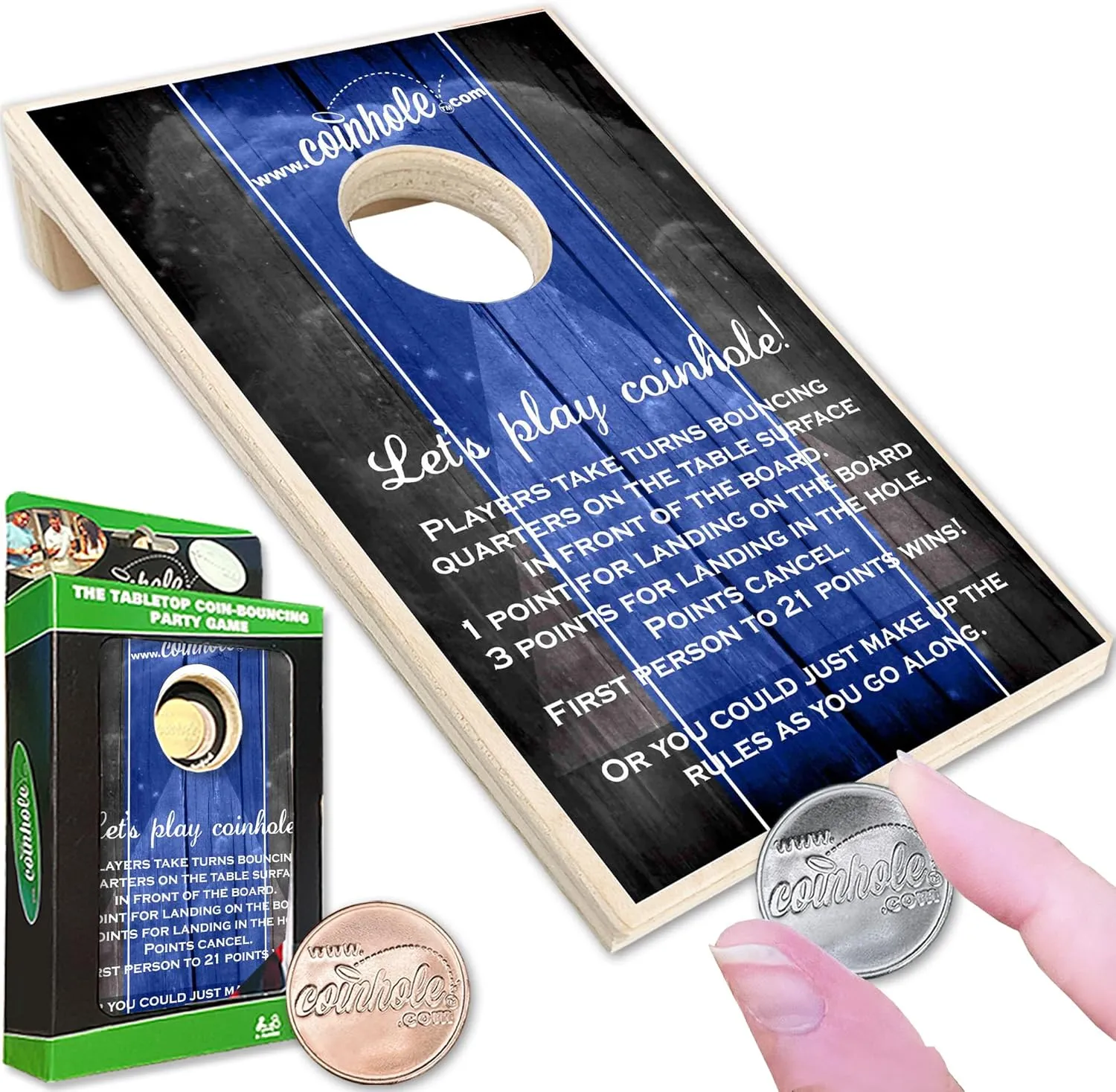 Desktop Coin Bouncing Party Set | Tabletop Cornhole Board | Small Travel Game Includes Coins