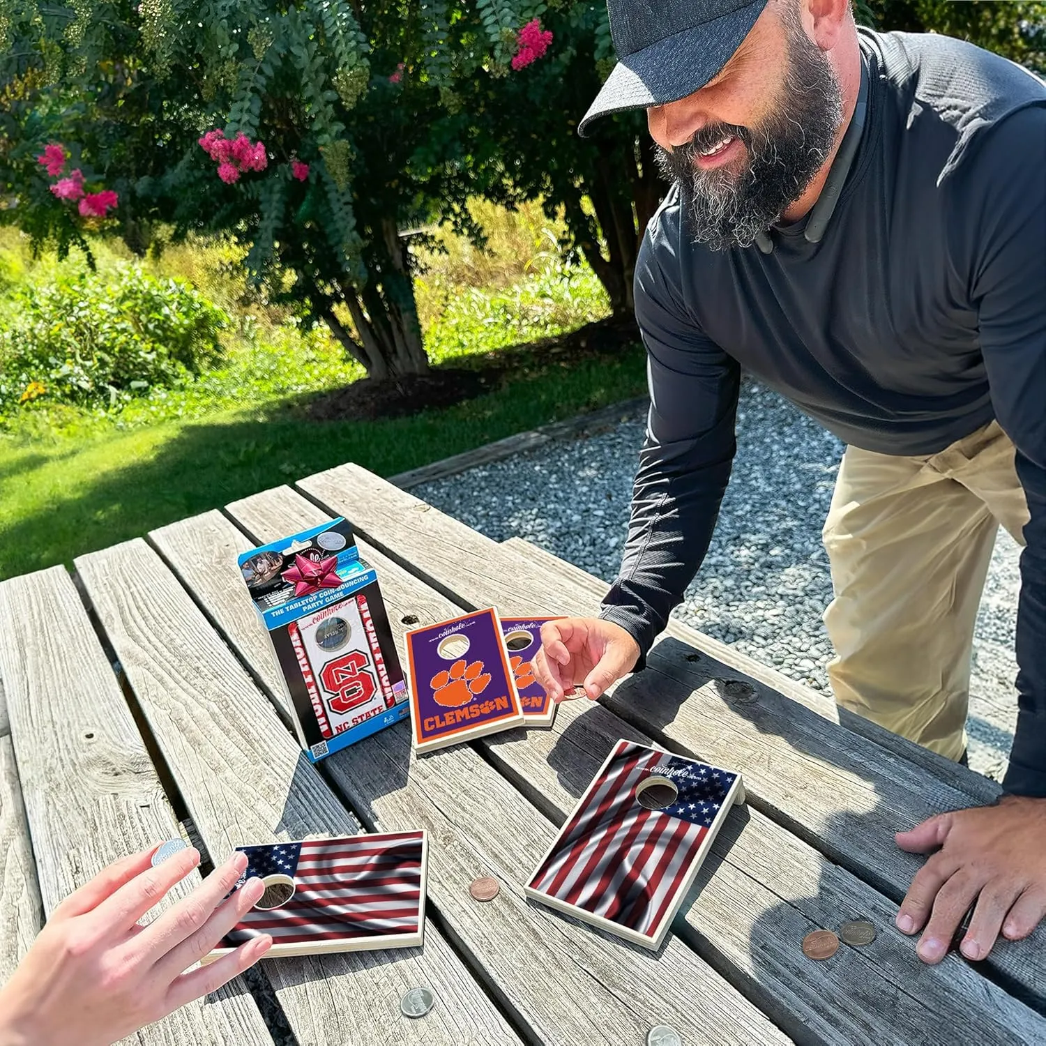 Desktop Coin Bouncing Party Set | Tabletop Cornhole Board | Small Travel Game Includes Coins