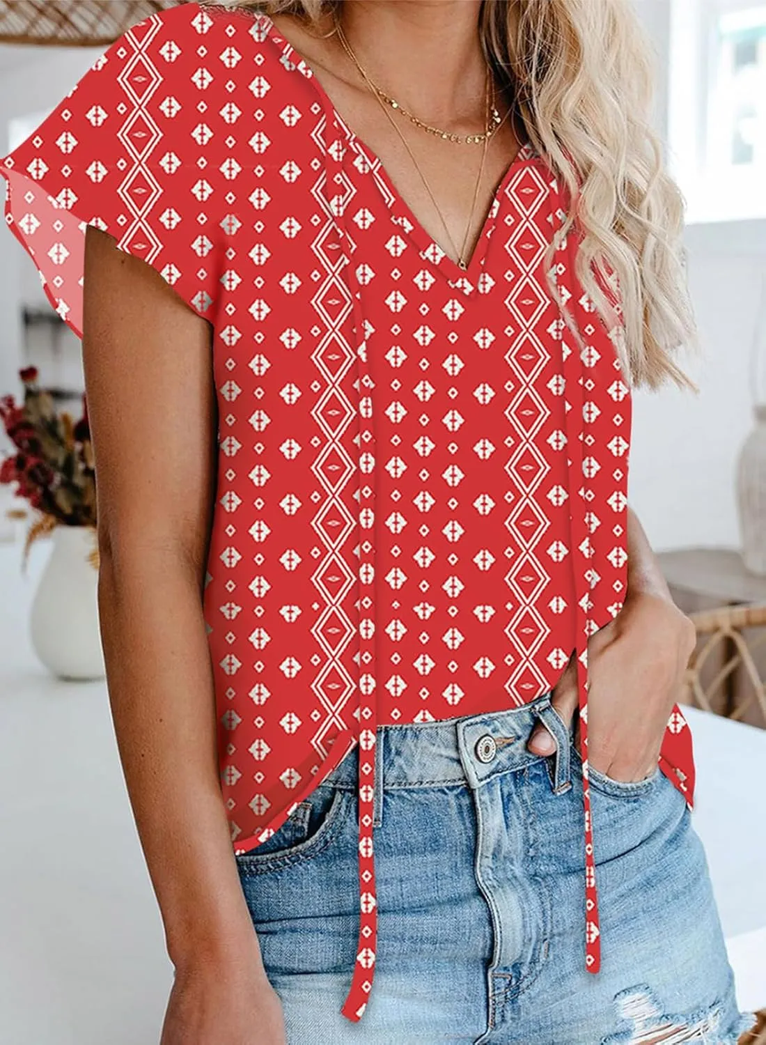 Dokotoo Women's Casual Boho Floral Printed V Neck Tops Drawstring Short Long Sleeve T Shirt Blouses