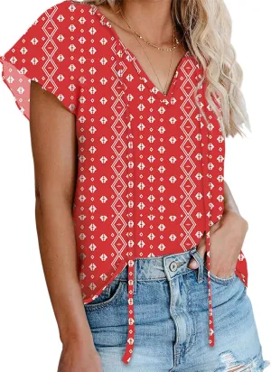 Dokotoo Women's Casual Boho Floral Printed V Neck Tops Drawstring Short Long Sleeve T Shirt Blouses