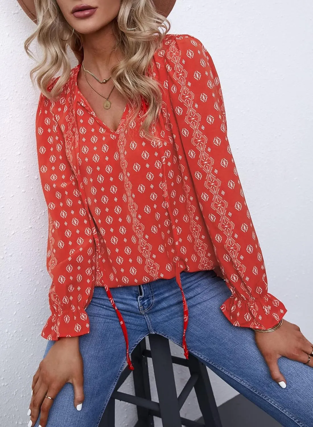 Dokotoo Women's Casual Boho Floral Printed V Neck Tops Drawstring Short Long Sleeve T Shirt Blouses