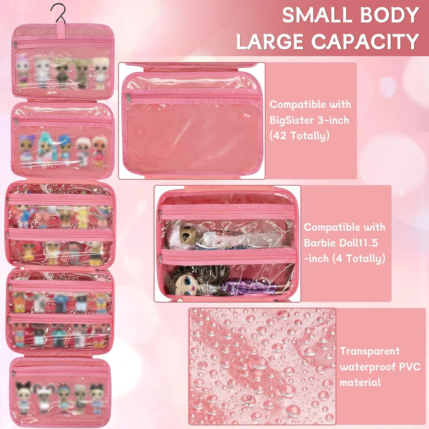 Doll Carrying Case Compatible with LOL Surprise Dolls, Toy Hanging Organizer Storage Bag for Girls with a Hanging Hook and 7 Clear Zipper Pockets, Bag Only