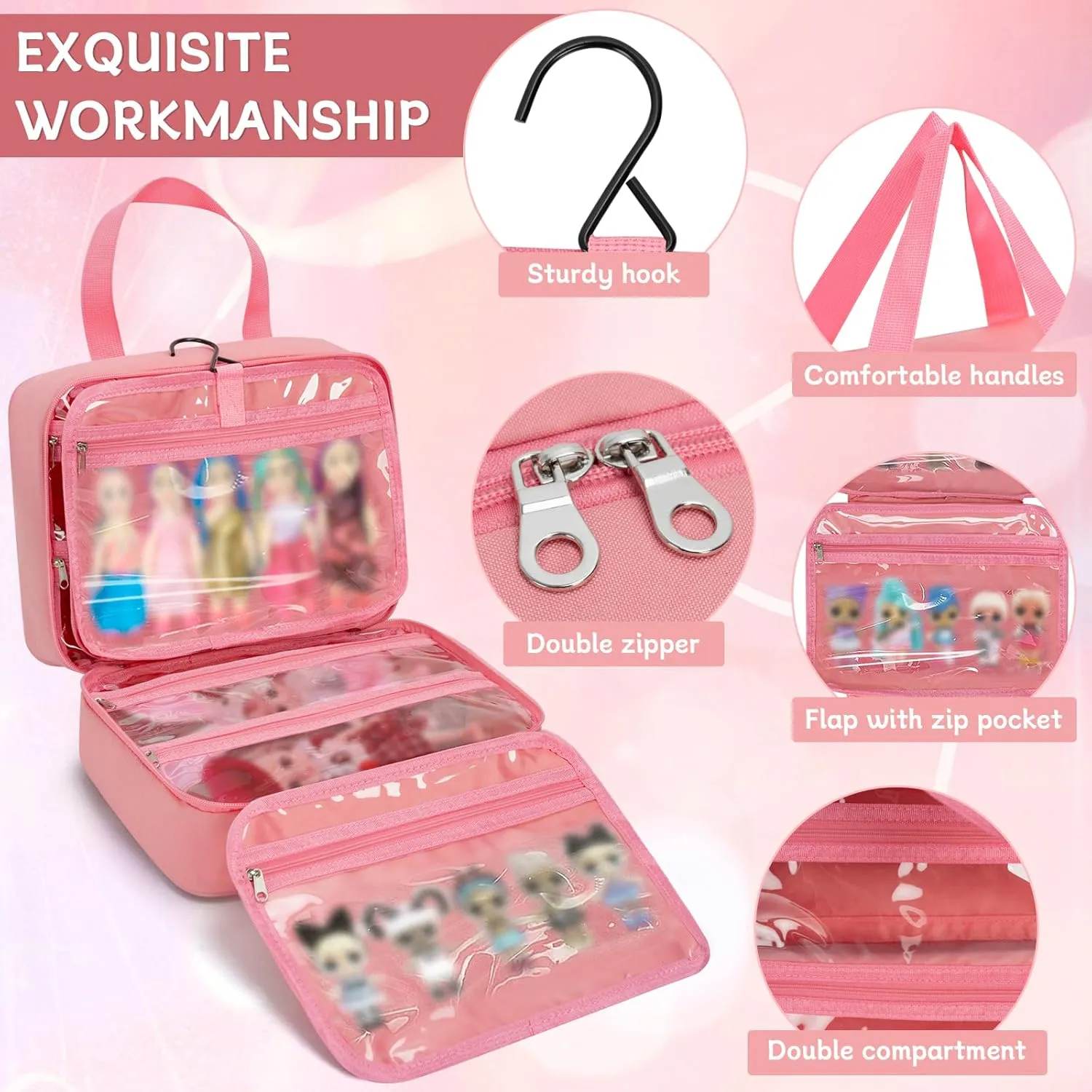 Doll Carrying Case Compatible with LOL Surprise Dolls, Toy Hanging Organizer Storage Bag for Girls with a Hanging Hook and 7 Clear Zipper Pockets, Bag Only
