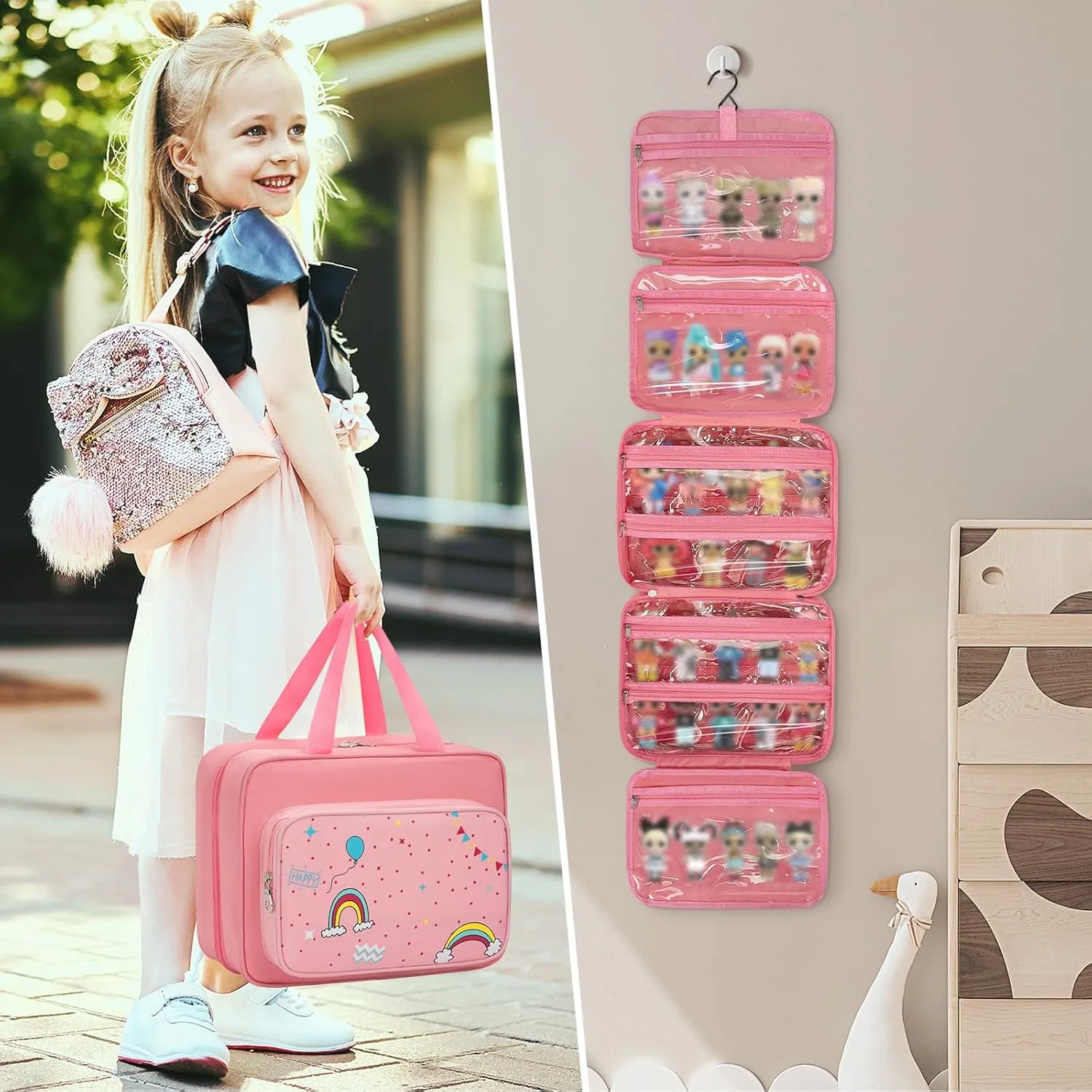 Doll Carrying Case Compatible with LOL Surprise Dolls, Toy Hanging Organizer Storage Bag for Girls with a Hanging Hook and 7 Clear Zipper Pockets, Bag Only