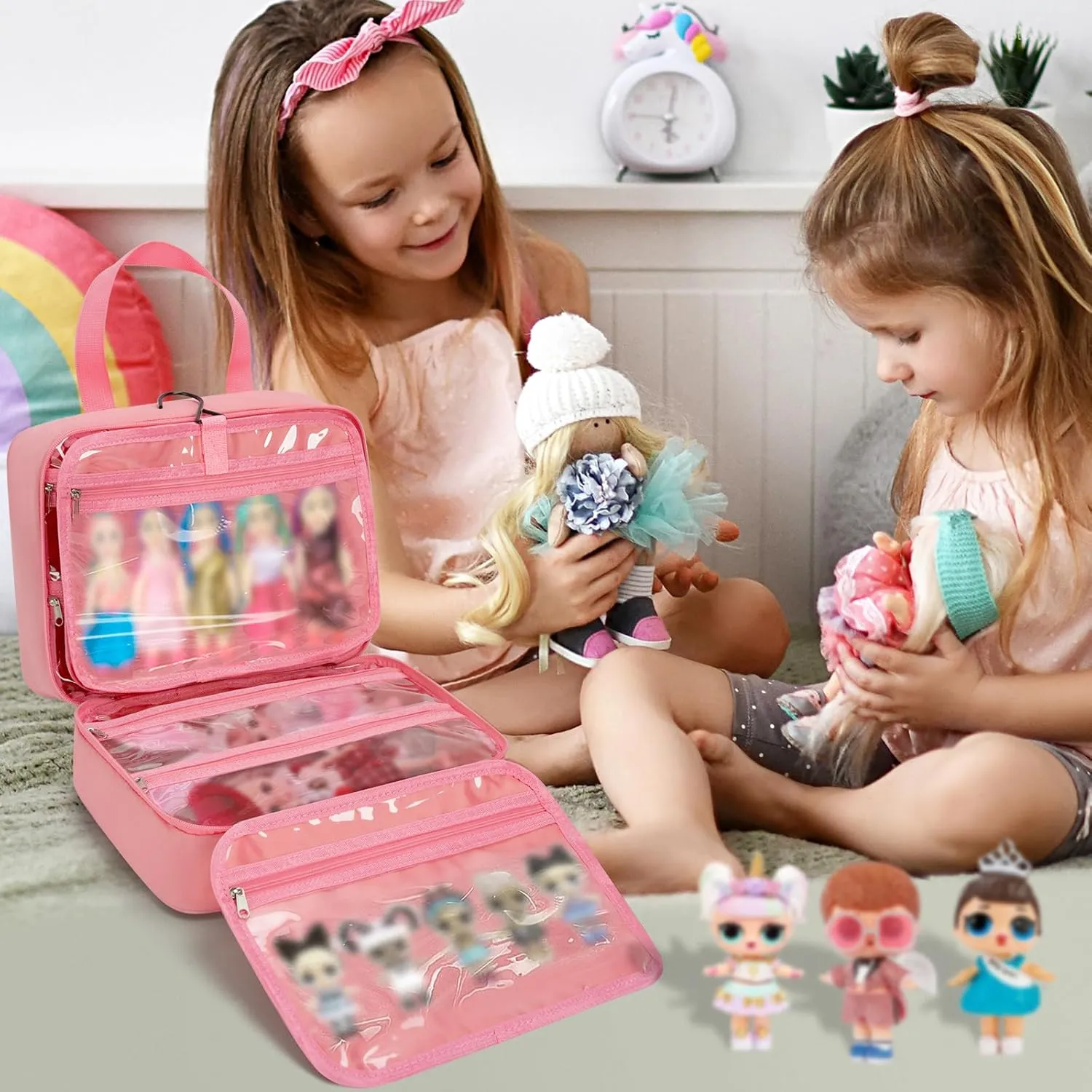 Doll Carrying Case Compatible with LOL Surprise Dolls, Toy Hanging Organizer Storage Bag for Girls with a Hanging Hook and 7 Clear Zipper Pockets, Bag Only