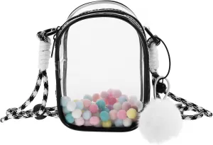 Doll Storage Bag with Pom Poms Portable Display Case for Mini Figures PVC Display Box with Shoulder Strap
