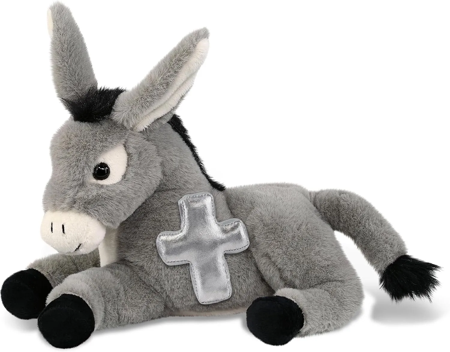 DolliBu Laying Donkey Stuffed Animal with Silver Cross and Personalization - Religious Baptism Gifts for Boys and Girls, Dedication Christening Plush Prayer Toy Healing Teddy Bear - 9 Inches