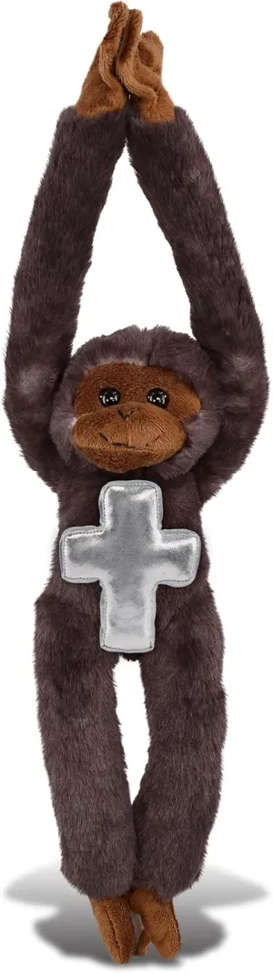 DolliBu Long Arm Hanging Black Capuchin Monkey Stuffed Animal with Silver Cross Plush – Religious Baptism Gifts for Boys and Girls, Dedication Christening Gifts Plush Prayer Toy - 21 Inch