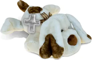 DolliBu Lying Dog Stuffed Animal with Silver Cross Plush – Religious Baptism Gifts for Boys and Girls, Dedication Christening Gifts Plush Prayer Toy Healing Stuffed Animal – 14 Inches