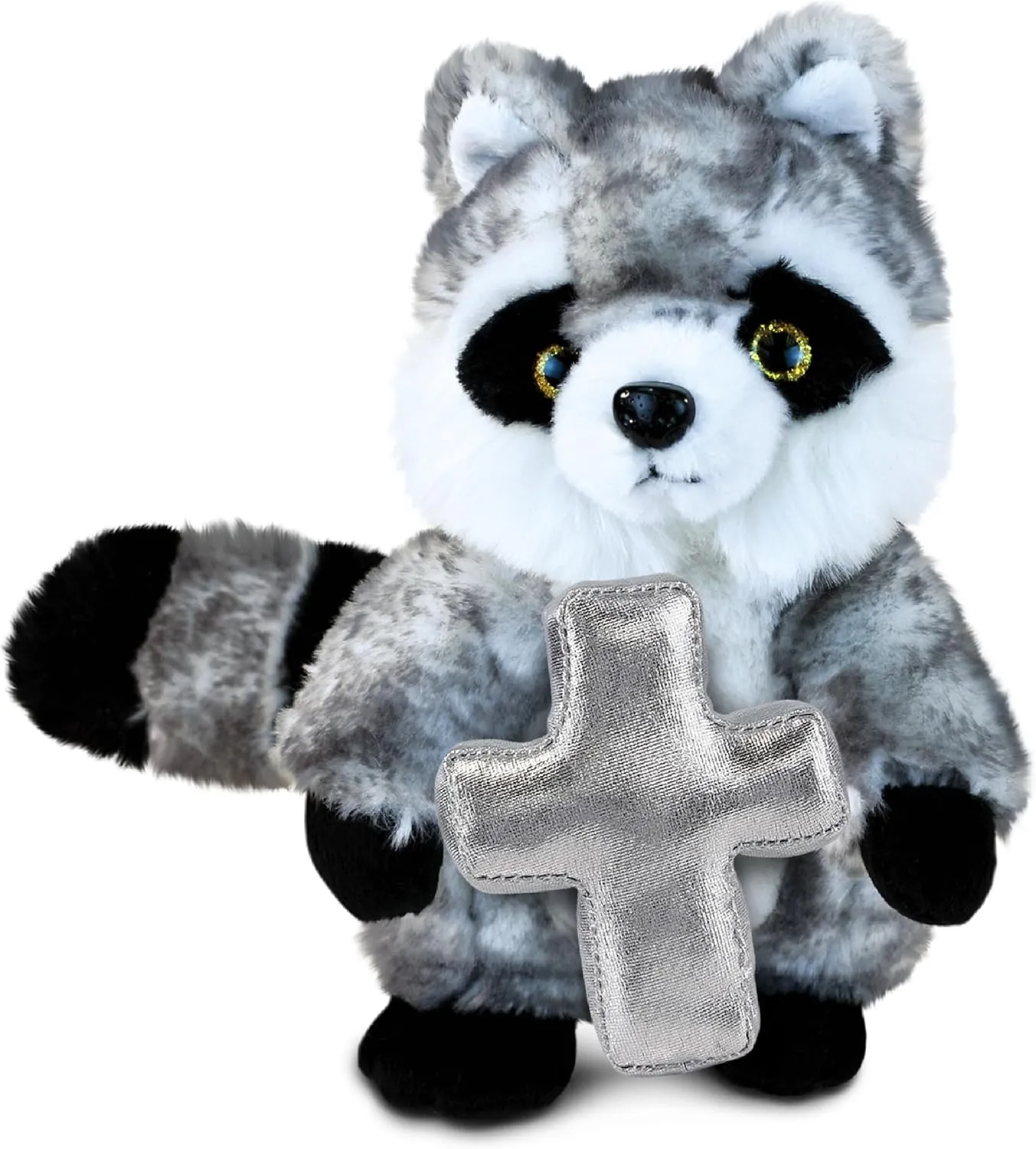 DolliBu Raccoon Stuffed Animal with Silver Cross and Personalization - Religious Baptism Gifts for Boys and Girls, Dedication Christening Gifts Plush Prayer Toy Healing Teddy Bear - 9 Inches