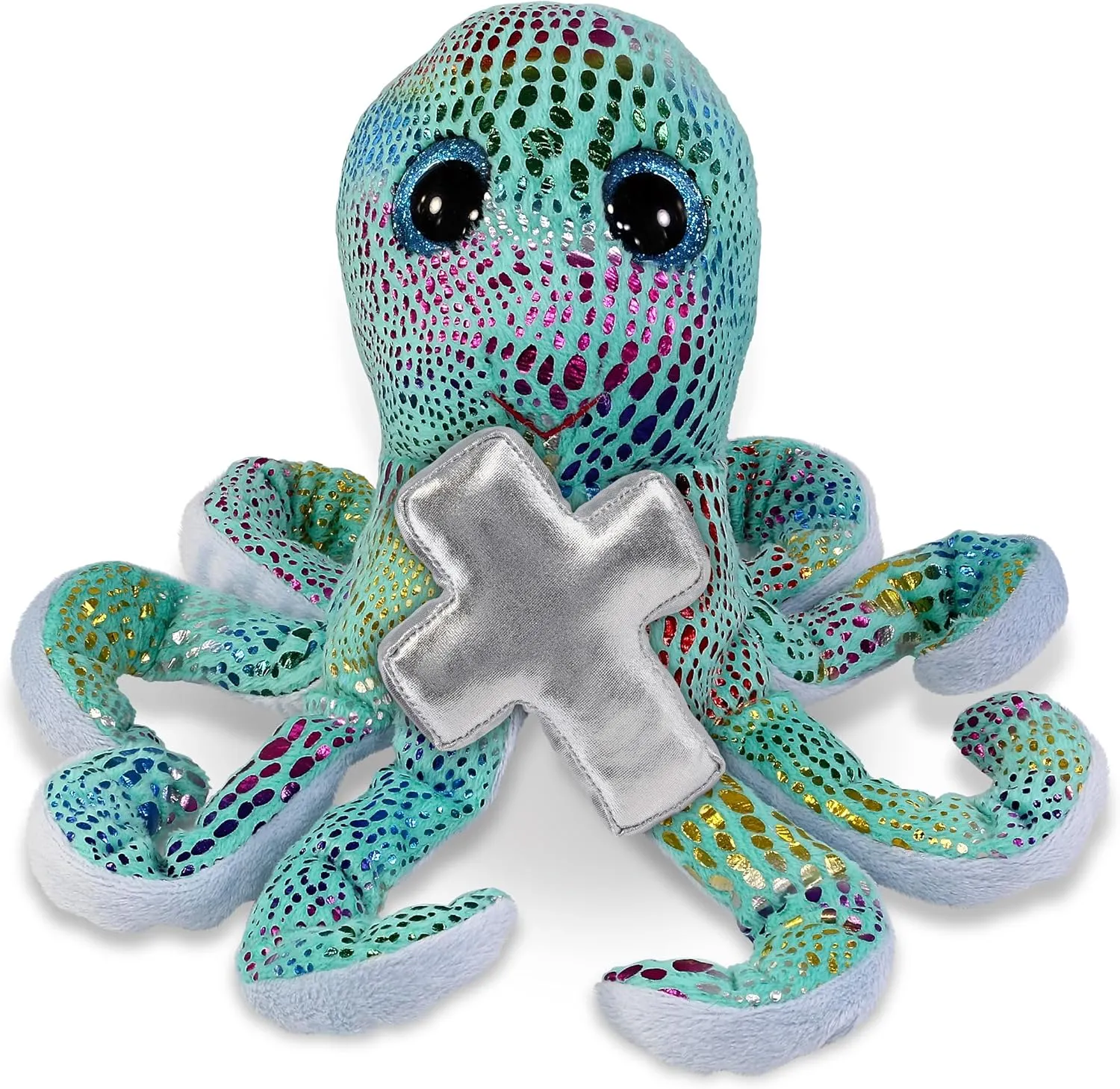 DolliBu Rainbow Octopus Stuffed Animal with Silver Cross and Personalization - Religious Baptism Gifts for Boys and Girls, Dedication Christening Gifts Plush Prayer Toy Healing Teddy Bear - 9 Inch