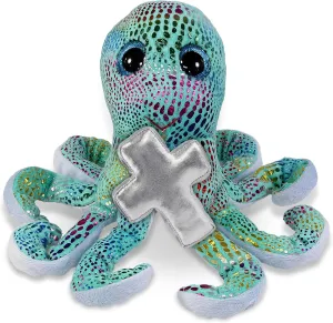 DolliBu Rainbow Octopus Stuffed Animal with Silver Cross and Personalization - Religious Baptism Gifts for Boys and Girls, Dedication Christening Gifts Plush Prayer Toy Healing Teddy Bear - 9 Inch