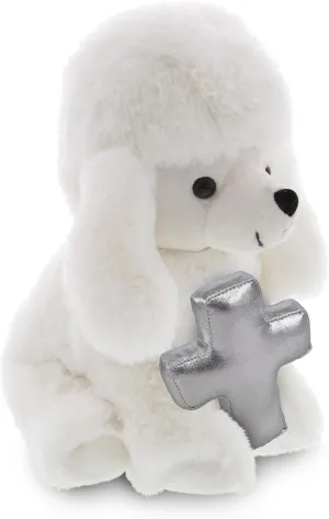 DolliBu White Poodle Dog Stuffed Animal with Silver Cross and Personalization - Religious Baptism Gifts for Boys, Girls Dedication Christening Gifts Plush Prayer Toy Healing Teddy Bear - 8.5 Inch