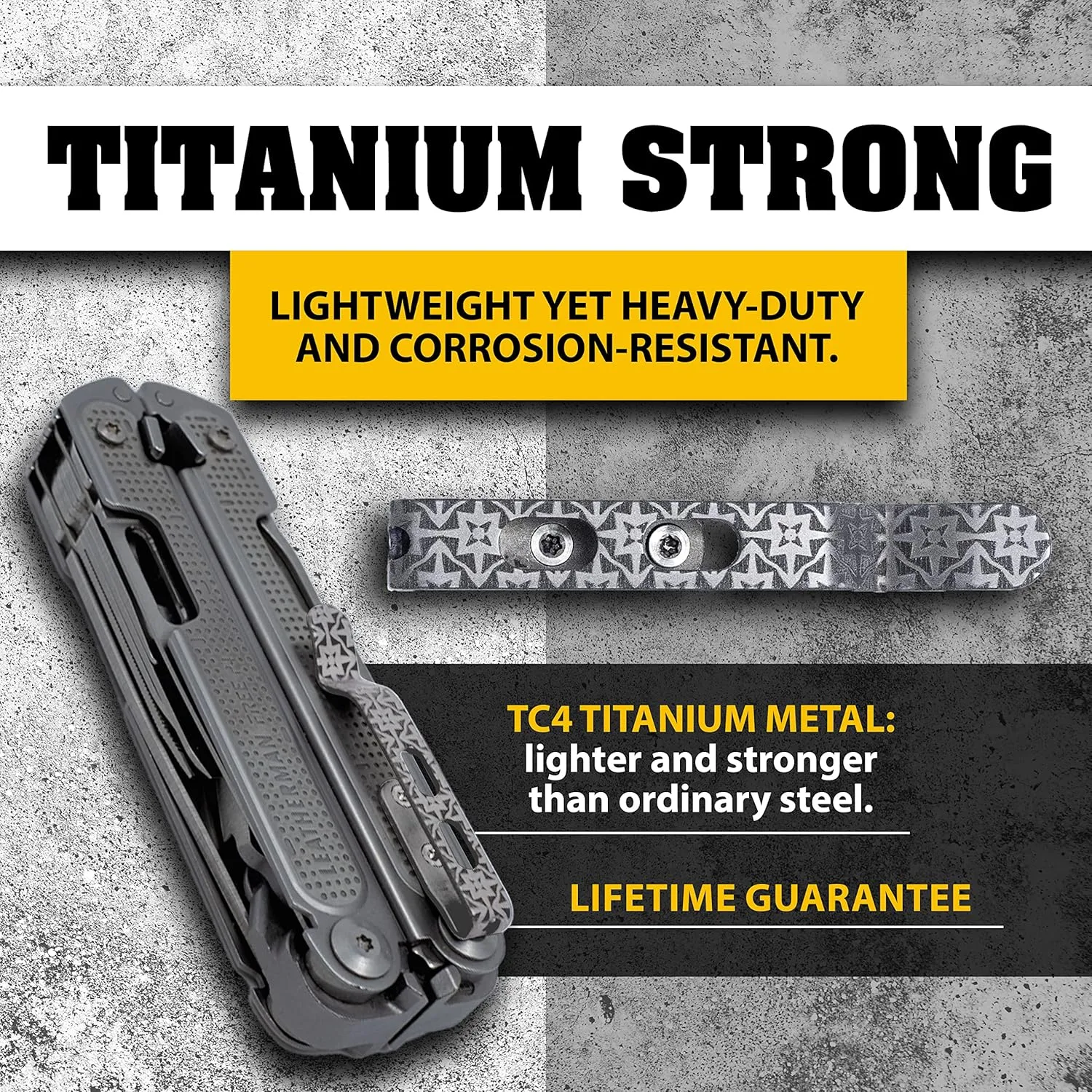 Donk! Titanium Pocket Clip. Made for Leatherman Free (P2, P4, T2 & T4) Curl & Bond. TC4 Titanium. Matte Finish. 2 Screws. 5 Custom Designs. Extra Carry Options - 'Kaleidoscope’
