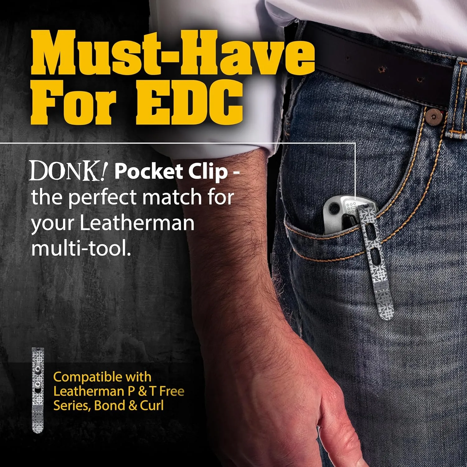 Donk! Titanium Pocket Clip. Made for Leatherman Free (P2, P4, T2 & T4) Curl & Bond. TC4 Titanium. Matte Finish. 2 Screws. 5 Custom Designs. Extra Carry Options - 'Kaleidoscope’