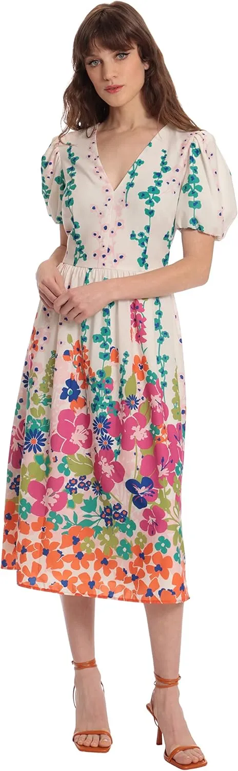 Donna Morgan Women's Colorful Floral and Vine Printed V-Neck Puff Sleeve Midi Dress