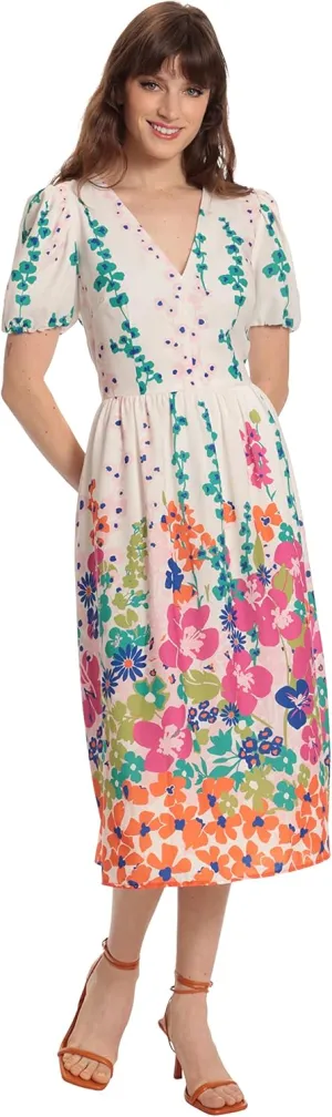 Donna Morgan Women's Colorful Floral and Vine Printed V-Neck Puff Sleeve Midi Dress